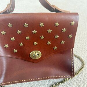 Leather Cognac Crossbody Top-handle Satchel Embossed Stud/Stars